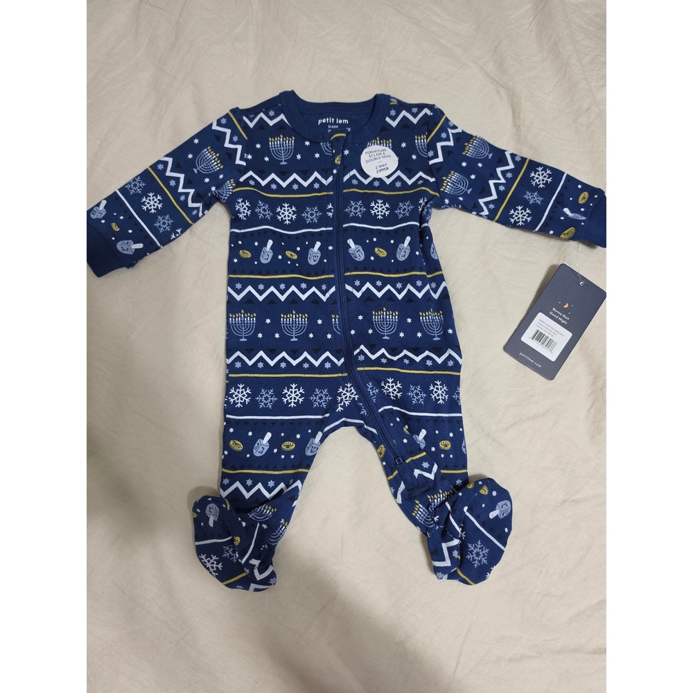 Petit Lem Baby Hanukkah Menorah Dreidel Footed Sleeper Navy Blue NB 0M